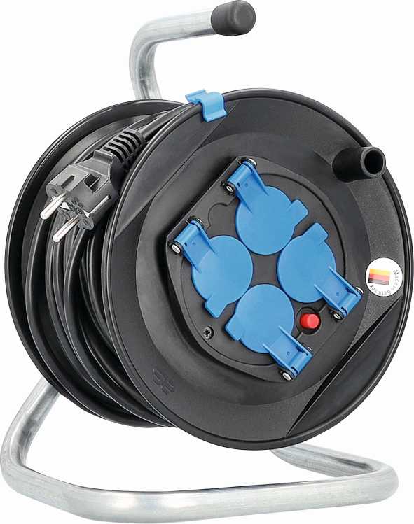 ENROULEUR DE CABLE A TAMBOUR 230MM, 25M H05VV-F3G1,5 AVEC CAPOUCHONS ANTI POUSSI